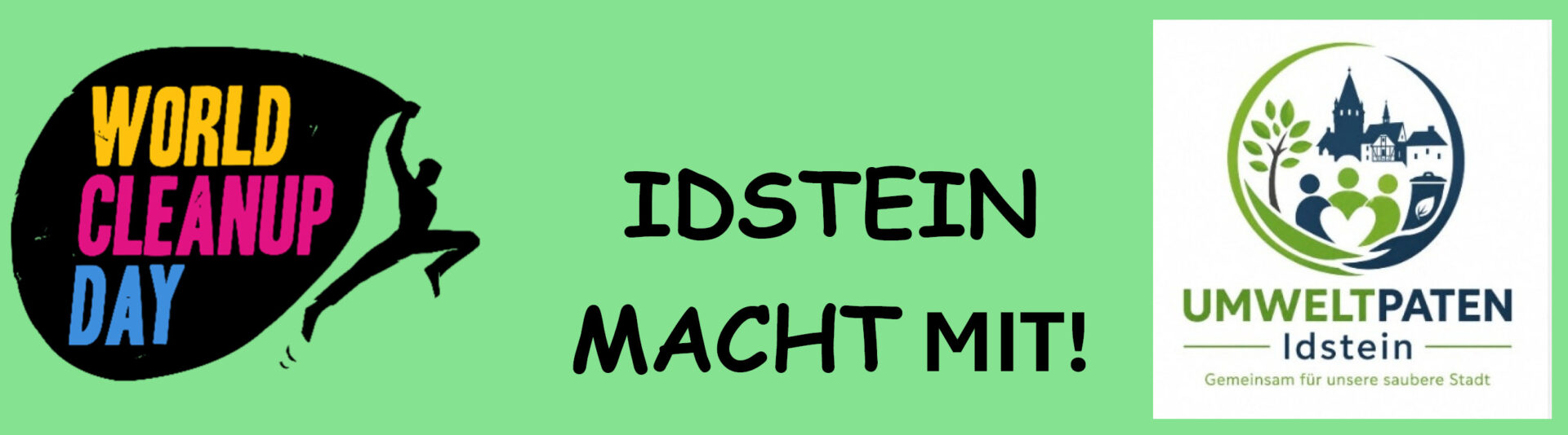 Text Idstein macht mit zwischen den Logos der Umweltpaten und des World Cleanup Day