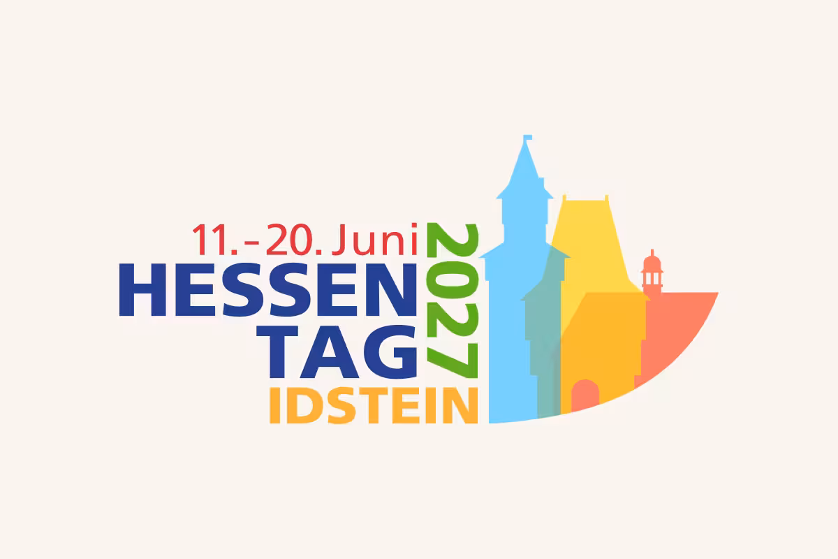 Hessentag Idstein 11.-20. Juni 2027 - Logo mit den Daten und den Silhouetten von Hexenturm, Kanzleitor und Rathaus
