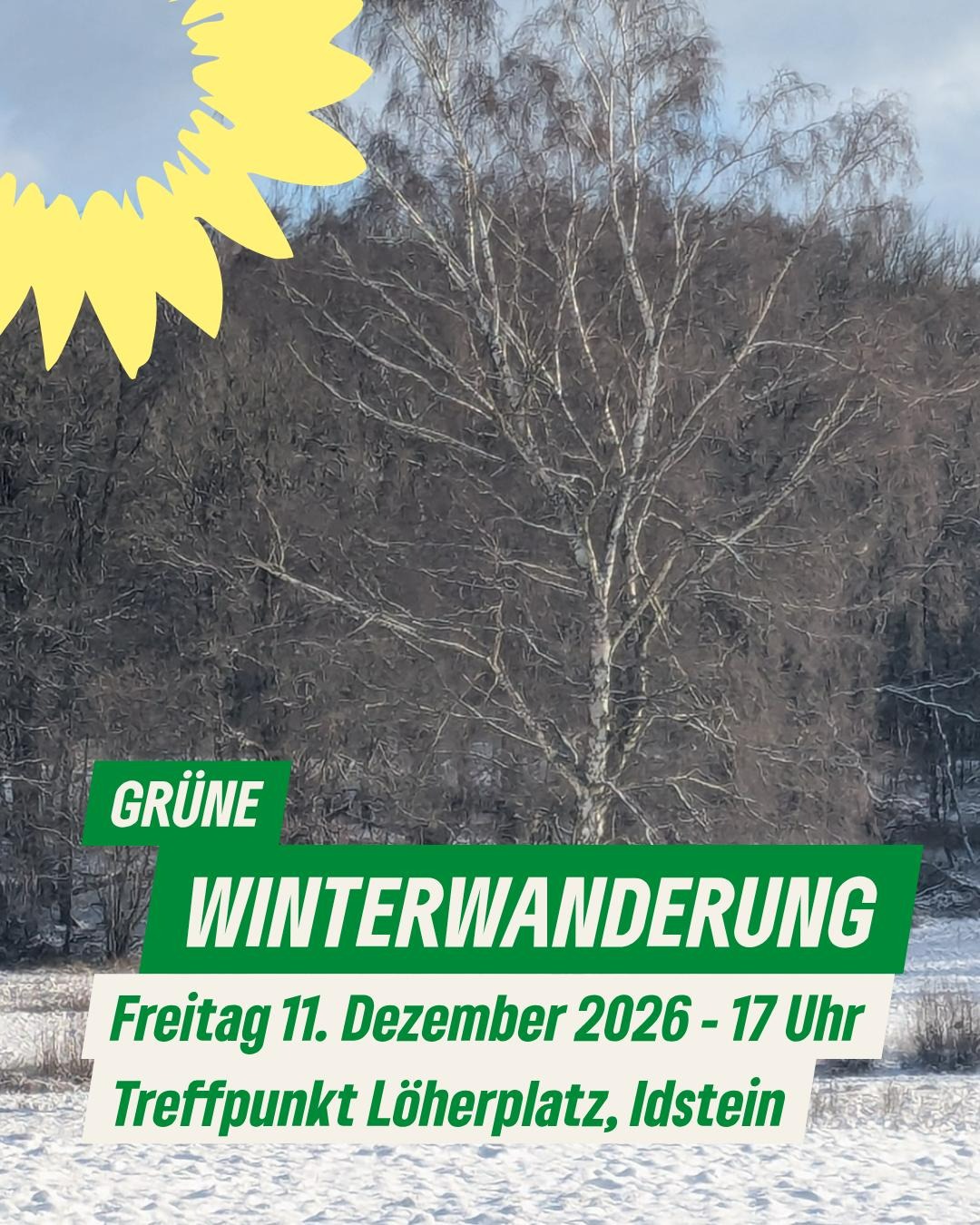 Einladungsbild zur Grünen Winterwanderung, 11.12.26 17 Uhr, Löherplatz, dekoriert mit einem Baum im Schnee